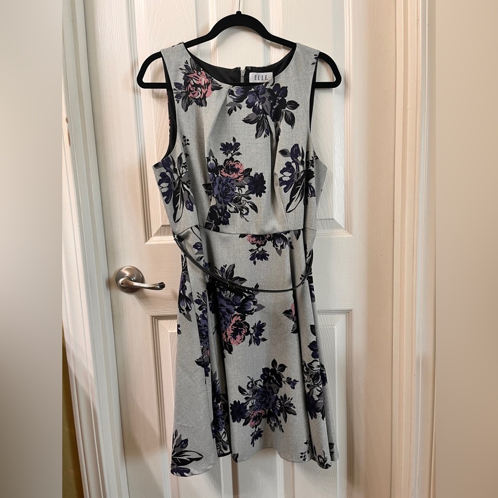Elle Gray and Purple Floral Midi Dress Size 16 Great Condition